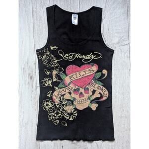 Ed Hardy by Christian Audigler Black Rhinestone Streetwear Y2K Tank Top Medium